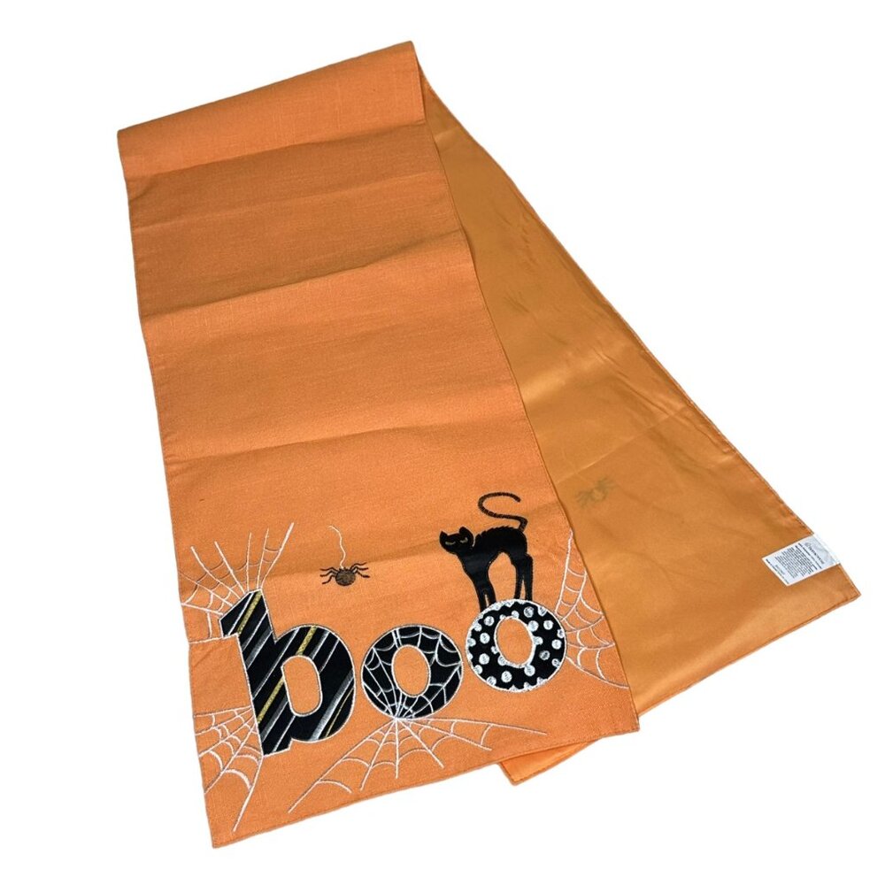 Dining Room Table Runner 68 x 14 Halloween Orange Black Embroidered Cat Spider